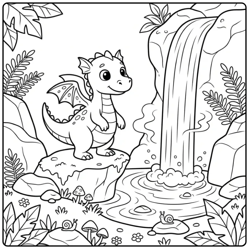 Cute Dragon with Waterfall and Rocks coloring page