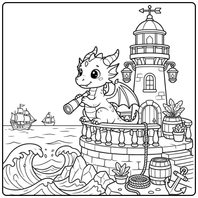 Cute Dragon on a Tall Lighthouse coloring page