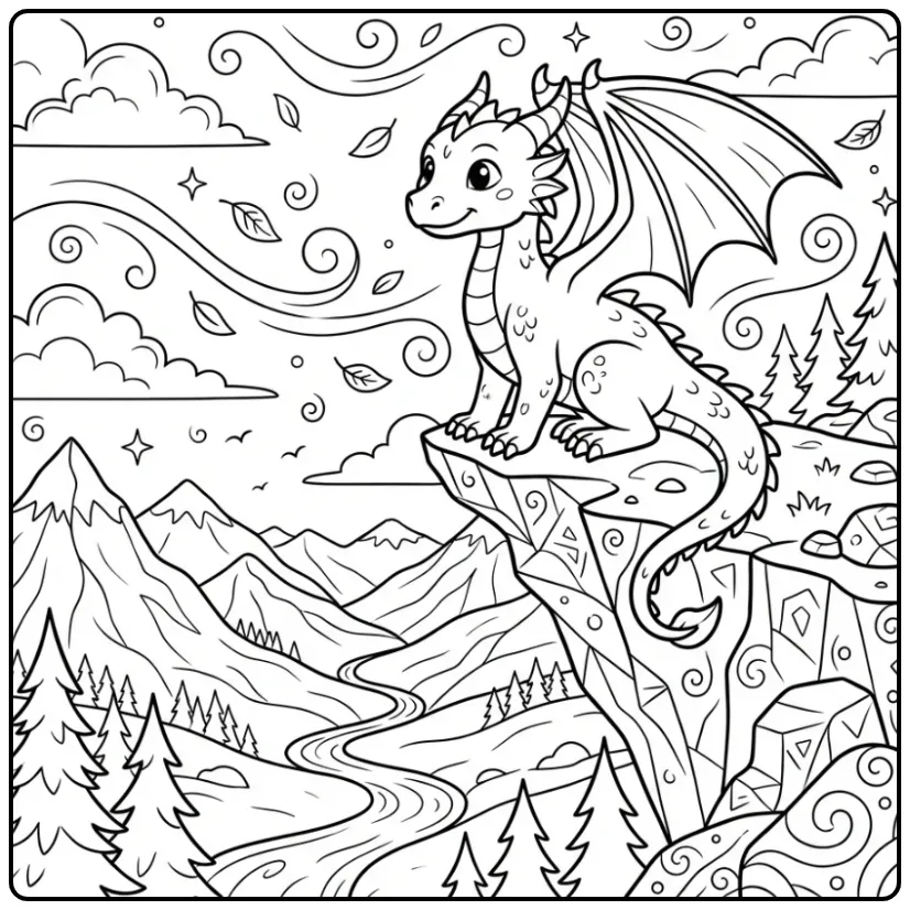 Cute Dragon on a Cliff in the Mountains coloring page