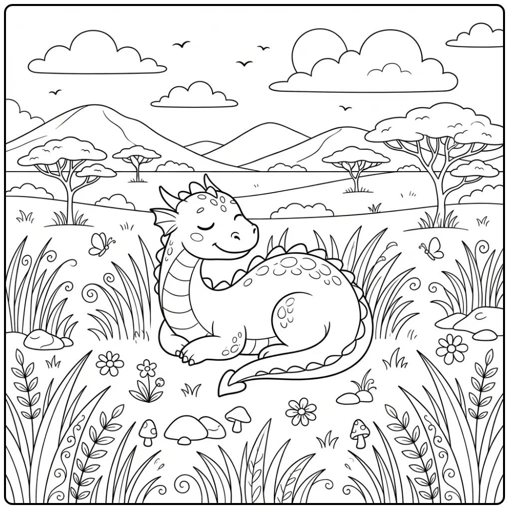 Cute Dragon Resting in the Savanna coloring page
