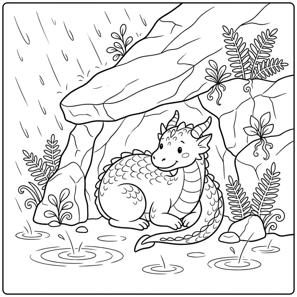 Cute Dragon Sheltering from a Rain Shower coloring page