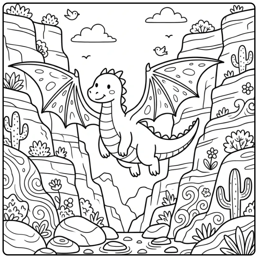 Cute Dragon Flying in Canyon coloring page