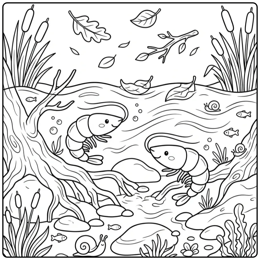 Cute Shrimp in a River Landscape coloring page