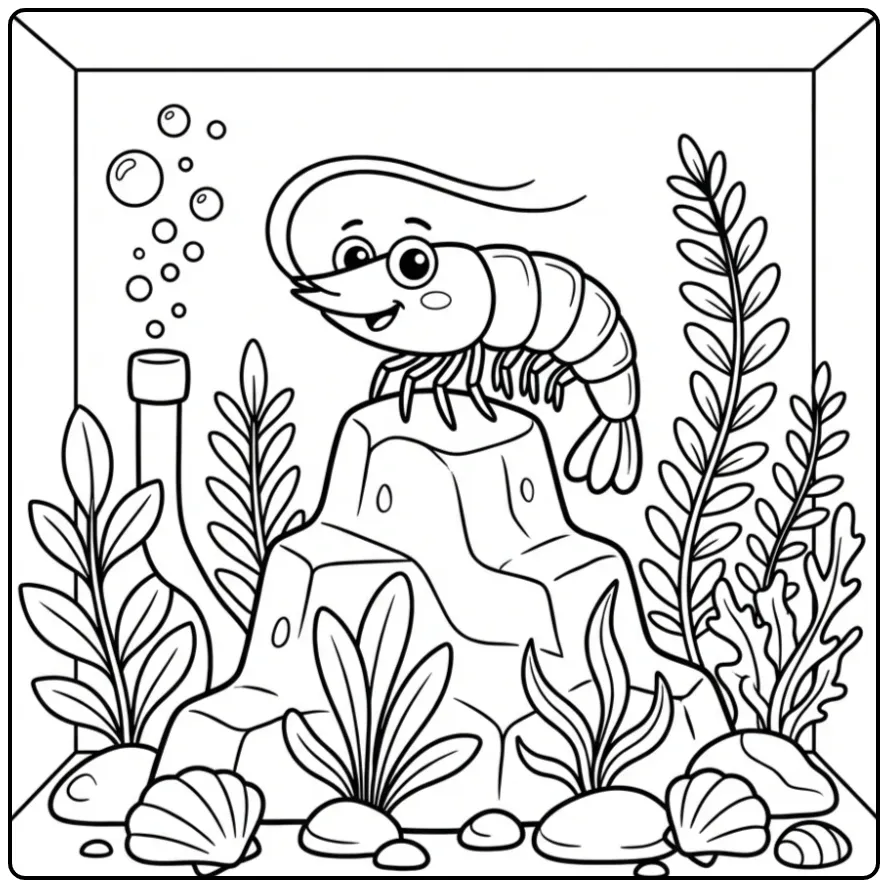 Cute Shrimp Among Water Plants coloring page
