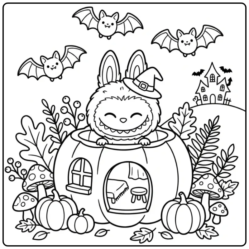 Cute Halloween Labubu in a Pumpkin coloring page