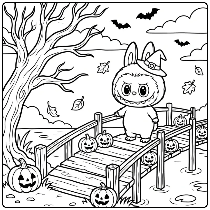 Cute Halloween Labubu with Bats coloring page