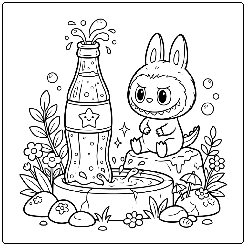 Cute Labubu Cola with a Fountain coloring page