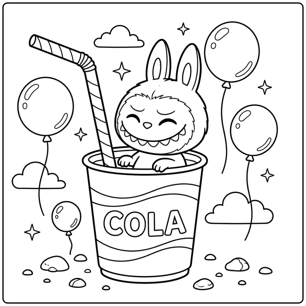 Cute Labubu Cola in a Cup with Stars coloring page