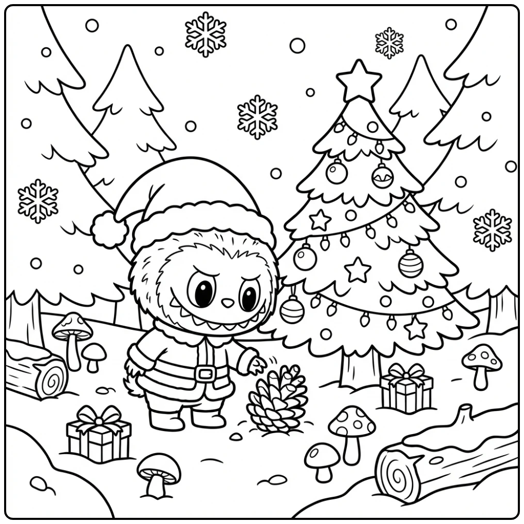 Cute Labubu Christmas in the Snowy Forest coloring page