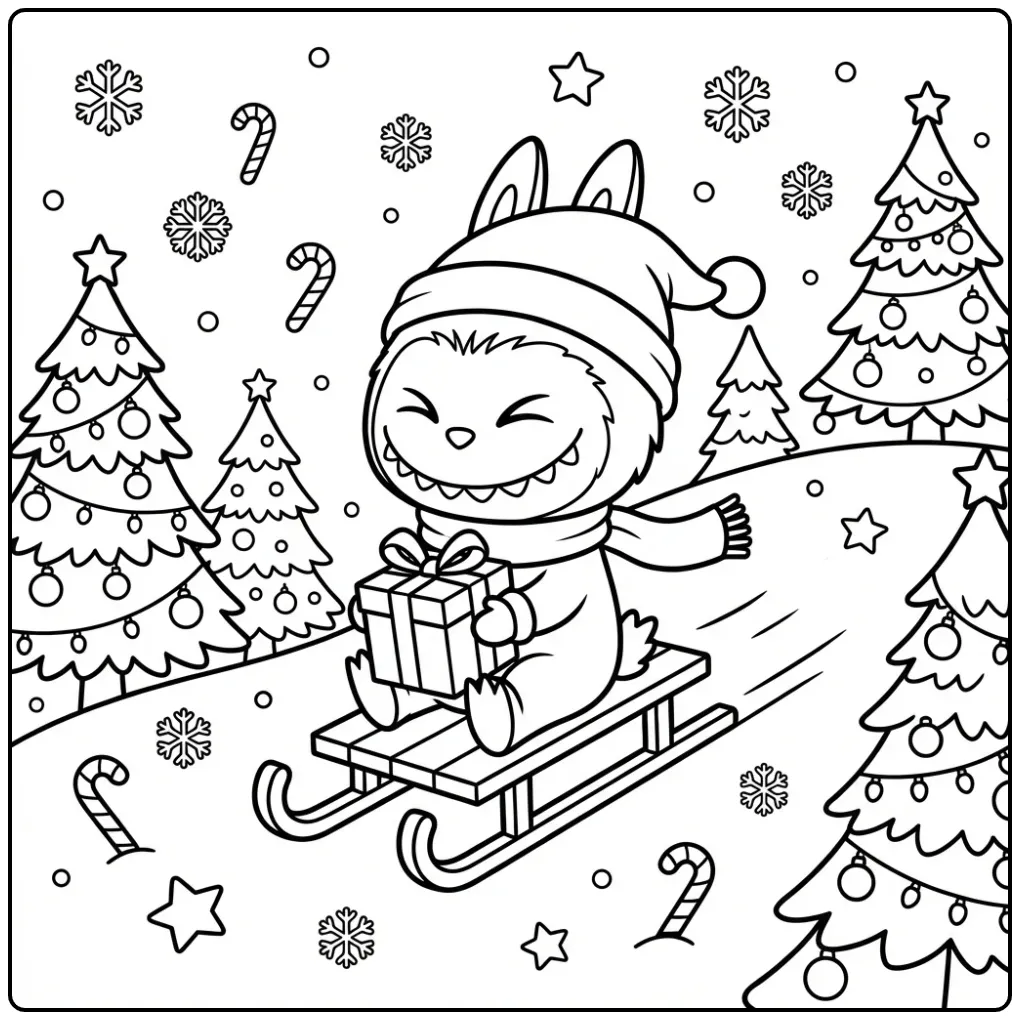 Cute Labubu Christmas with Gift and Sleigh coloring page