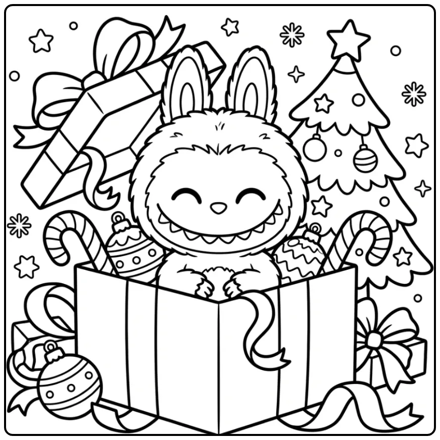 Cute Labubu Christmas with a Decorated Pine Tree coloring page