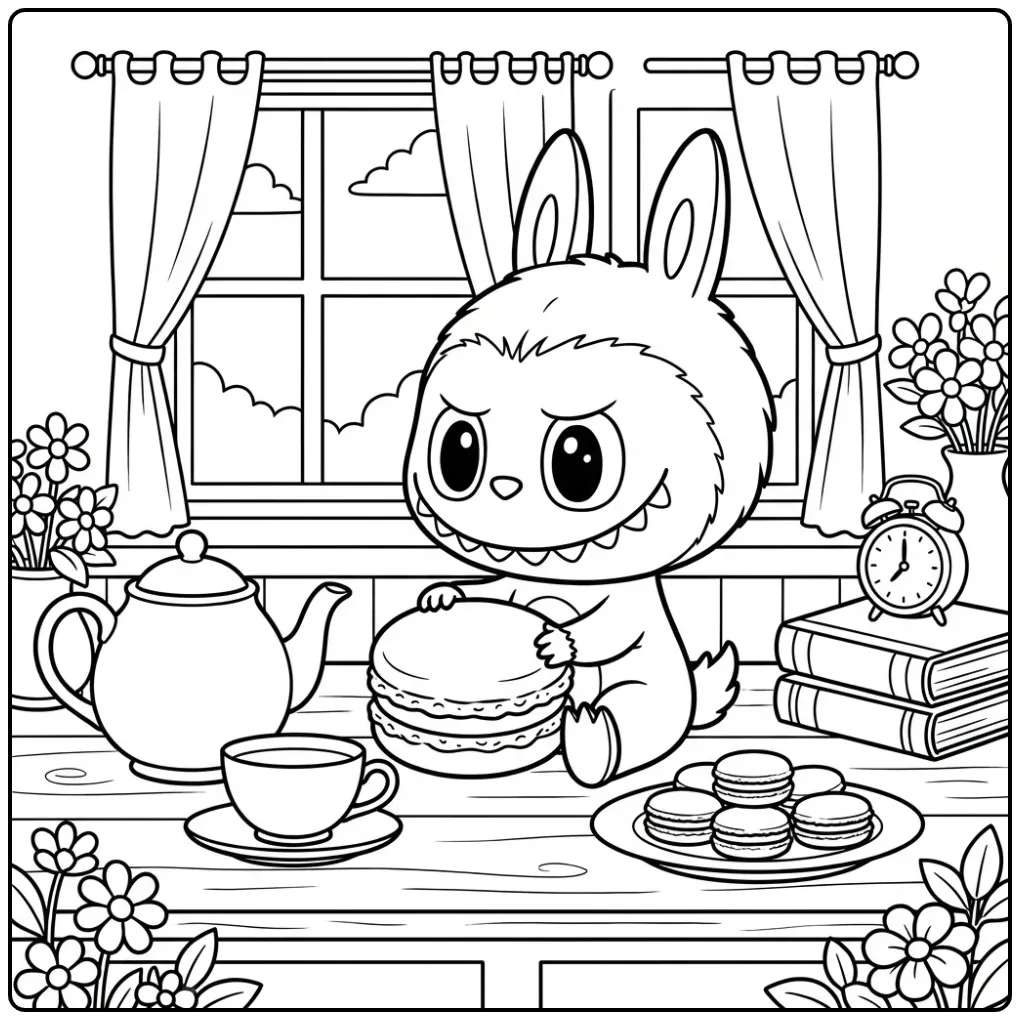 Cute Labubu Macaron at a Table coloring page
