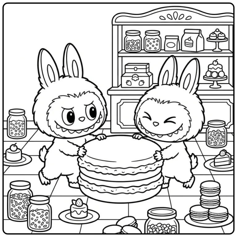 Cute Labubu Macaron in a Bakery coloring page