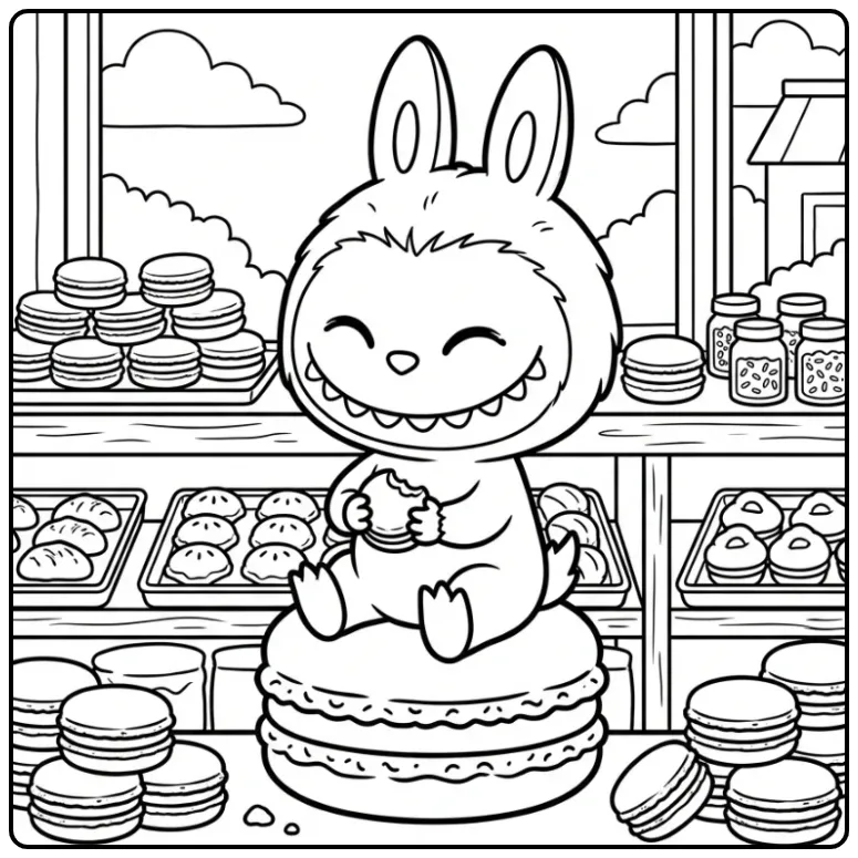 Cute Labubu Macaron in the Bakery coloring page