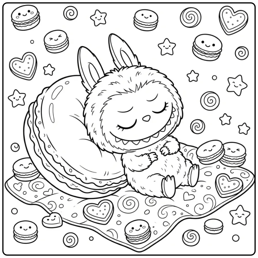 Cute Labubu Macaron with Cookies coloring page