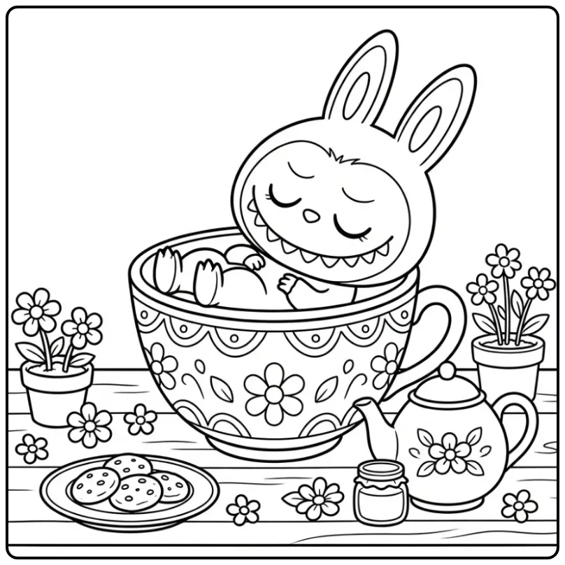 Cute Labubu Secret in a Big Teacup coloring page