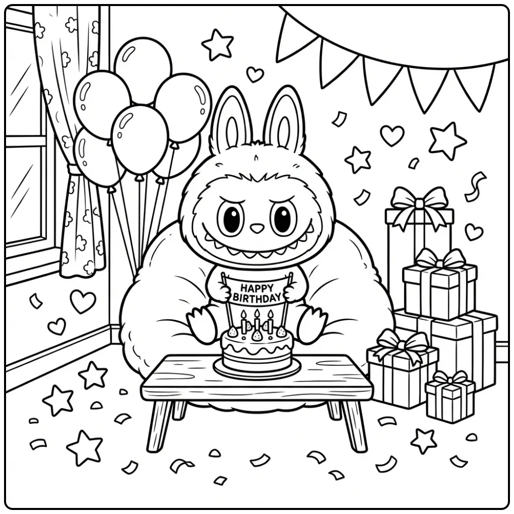 Cute Labubu Birthday in the Living Room coloring page