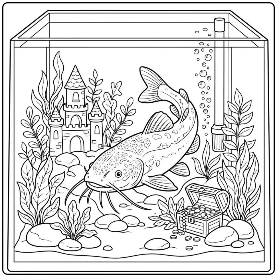 Cute Catfish with Castle and Treasure Chest coloring page