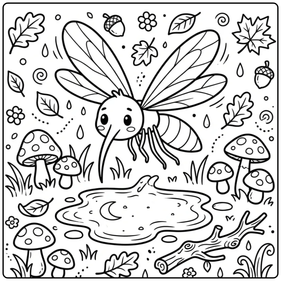 Mosquito coloring page showing a mosquito above a puddle