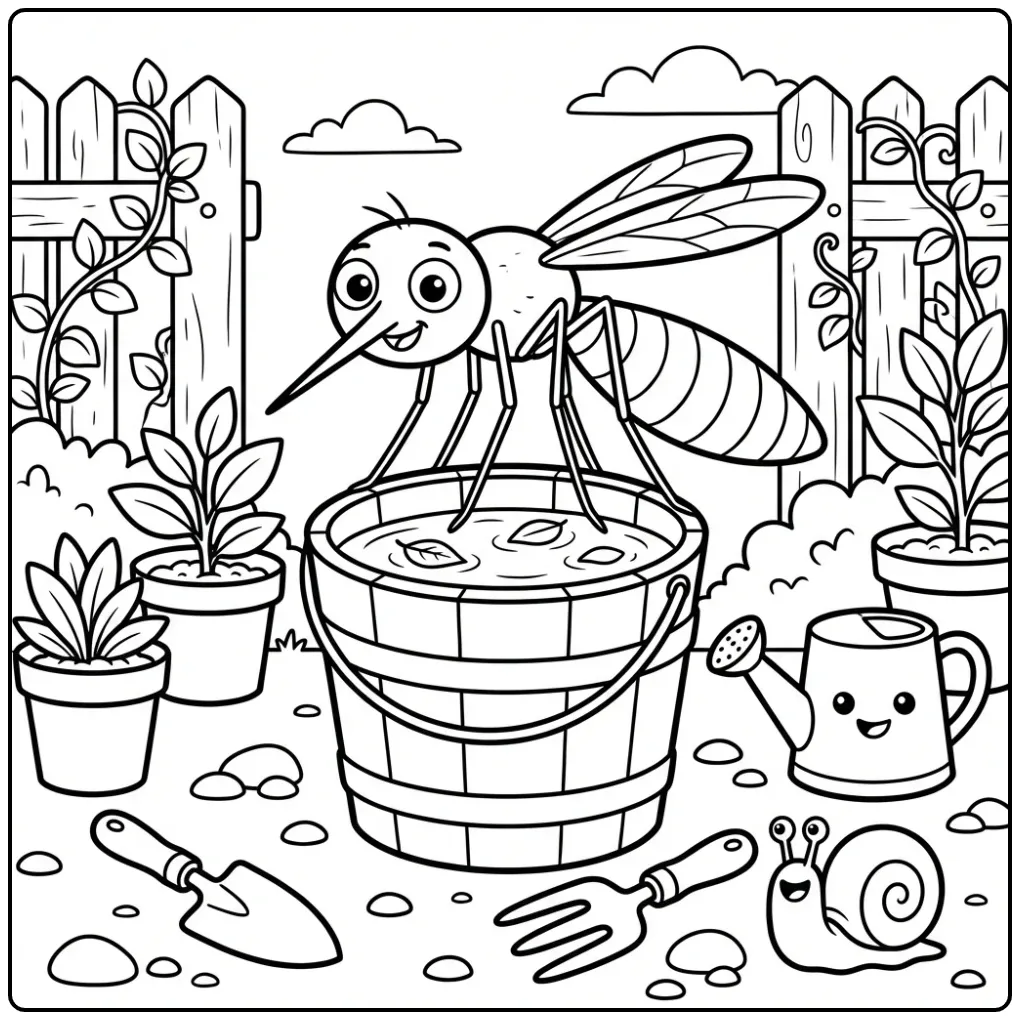 Mosquito coloring page featuring a mosquito on a bucket