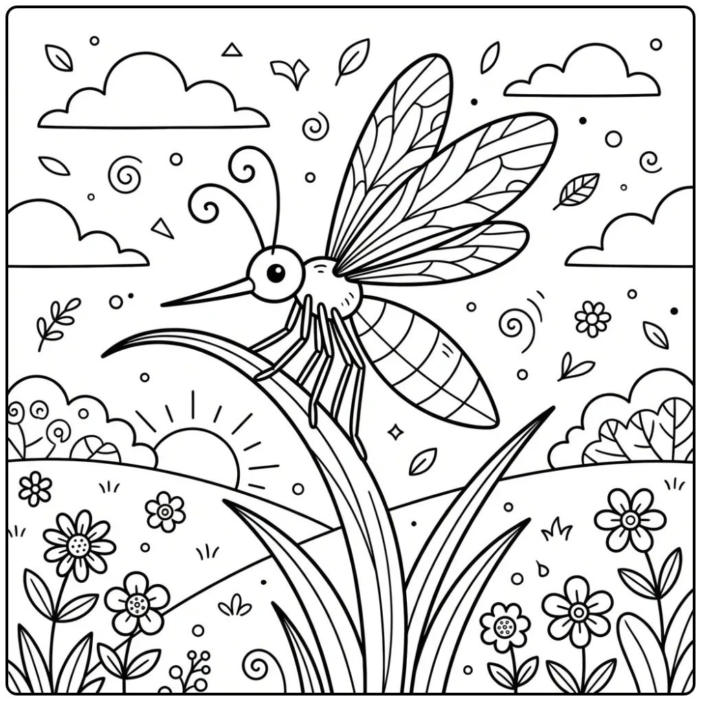 Mosquito coloring page showing a mosquito on a grass stem