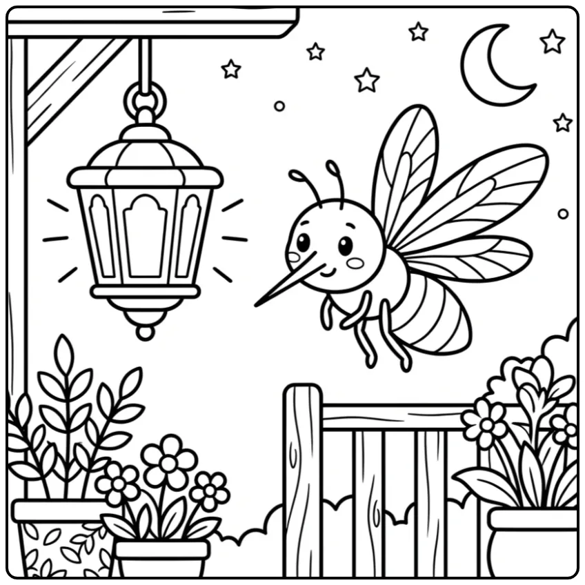 Mosquito coloring page showing a mosquito by a lantern at night