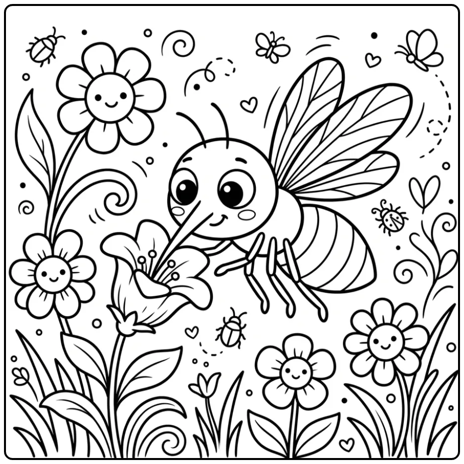 Mosquito coloring page showing a mosquito on a flower