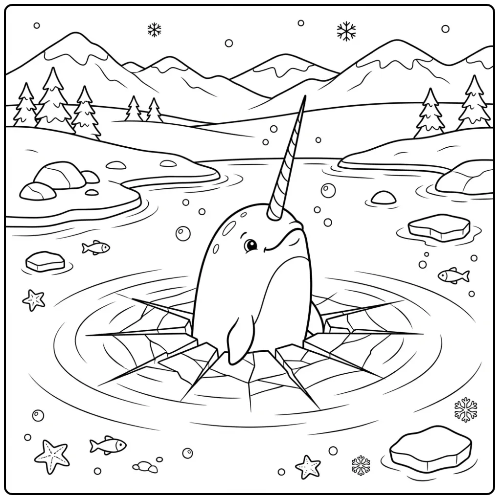 Cute Narwhal in a Polar Landscape coloring page