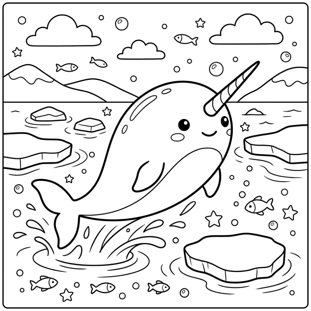 Cute Narwhal Among Ice Floes coloring page