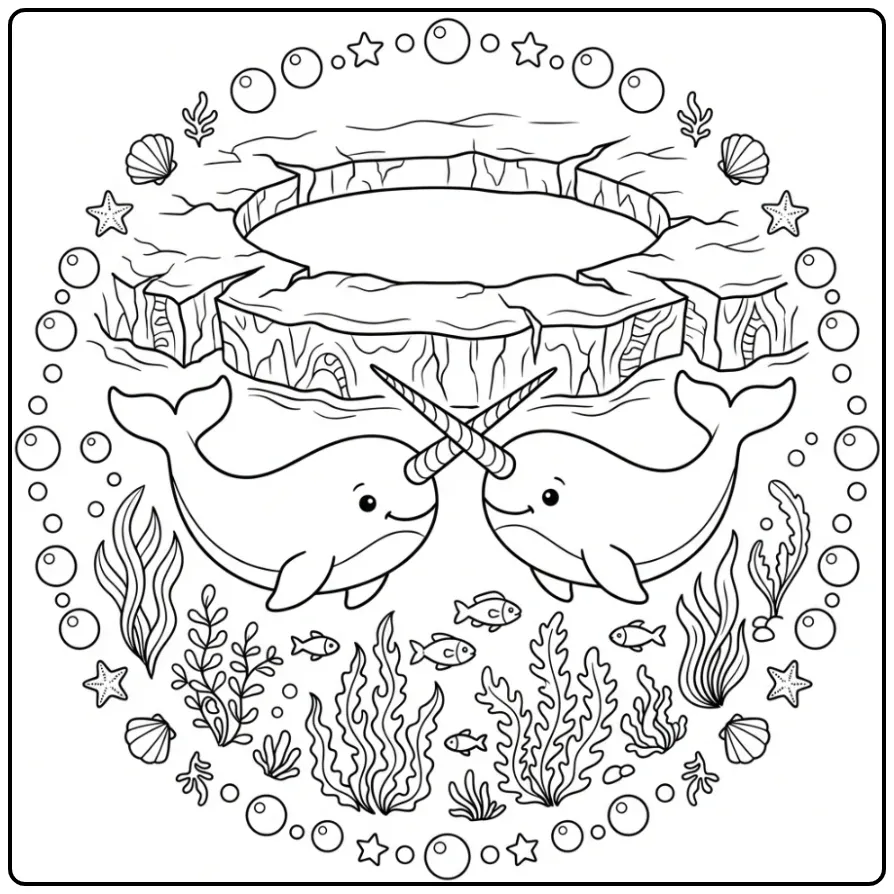 Cute Narwhal Swimming in a Circle coloring page