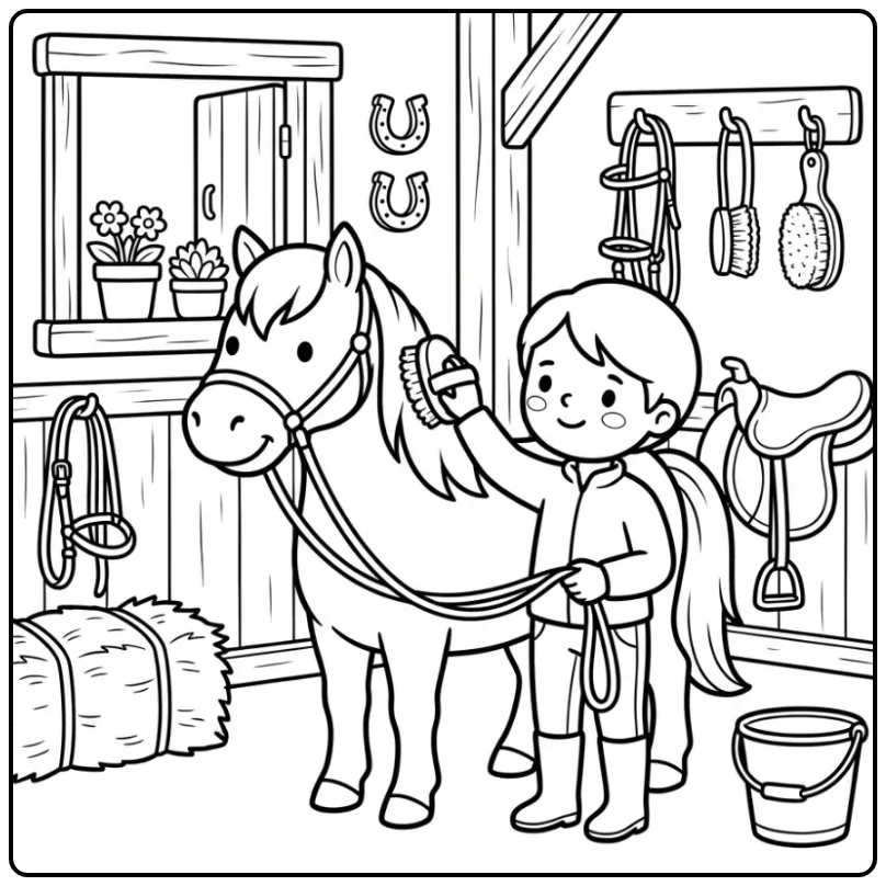 Cute Horse with Rider in the Stable coloring page