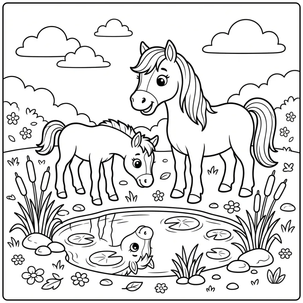 Cute Horse with Foal by the Pond coloring page
