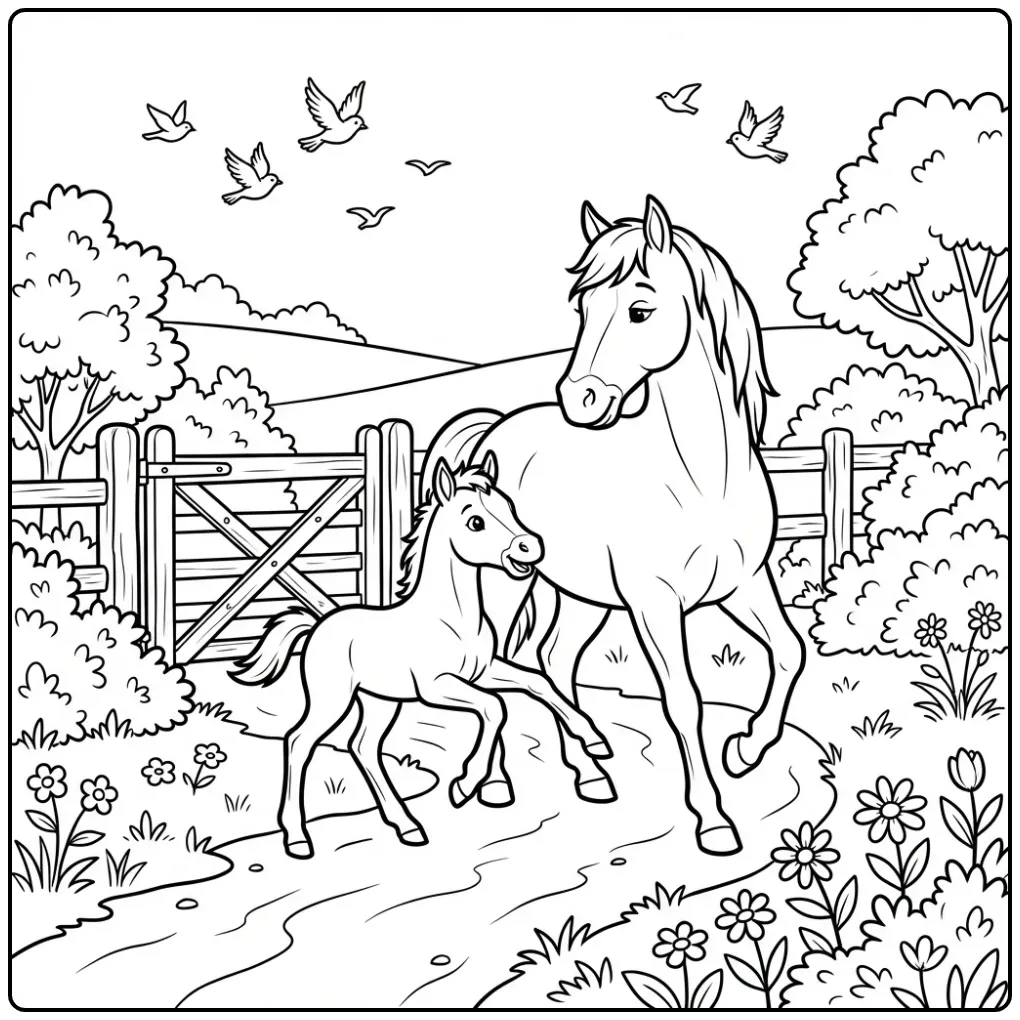 Cute Horse with Foal by a Fence coloring page