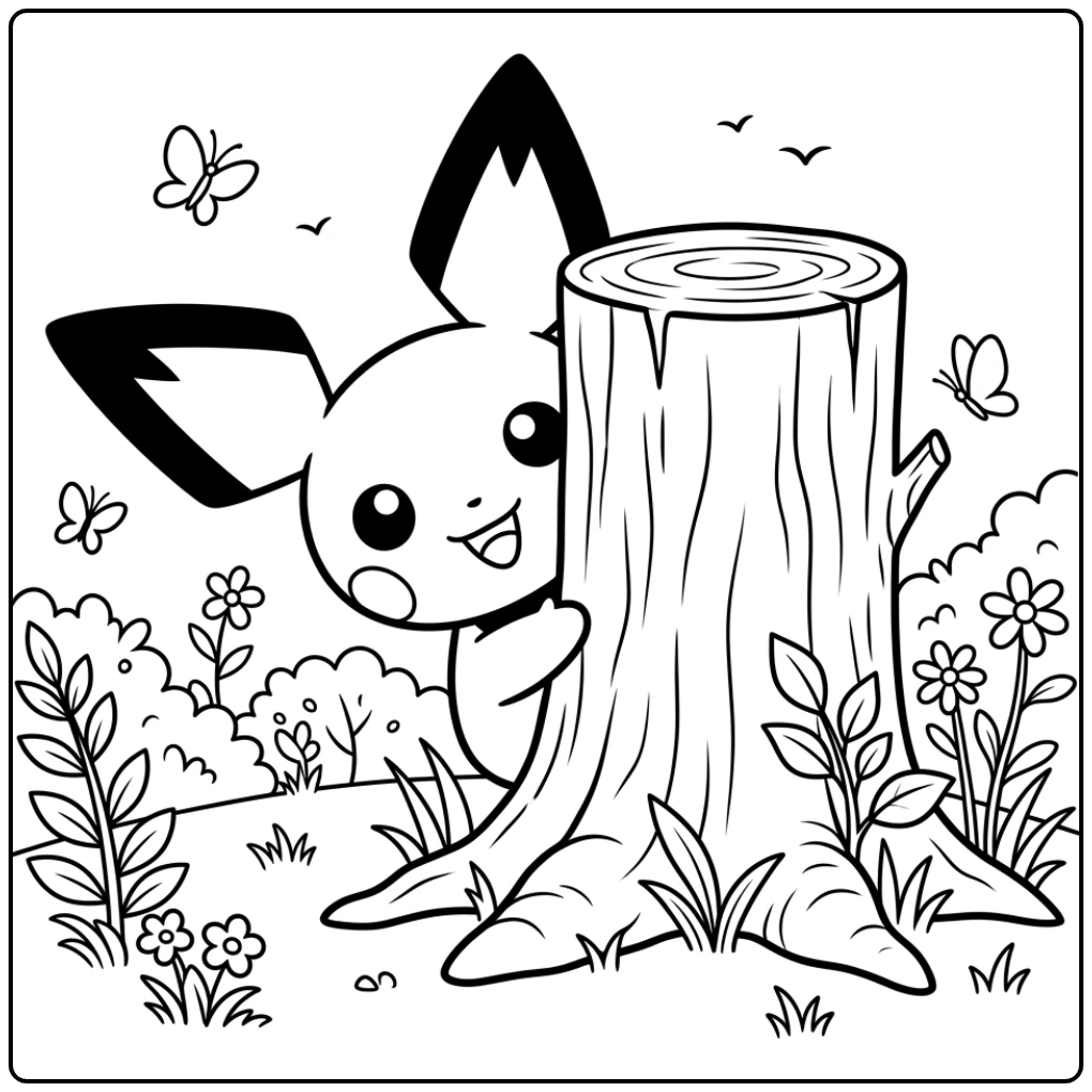 Cute Pichu Behind a Tree Stump in the Forest coloring page