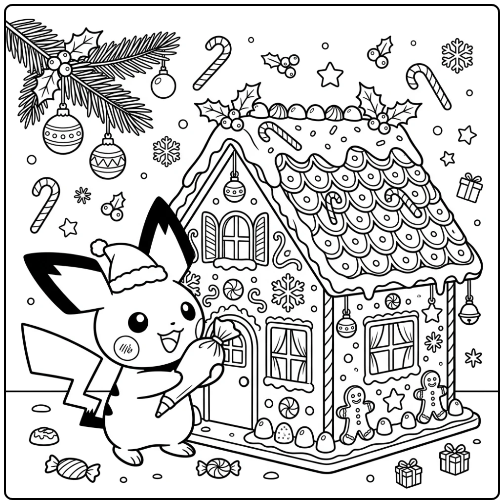 Cute Pichu Christmas and a Gingerbread House coloring page