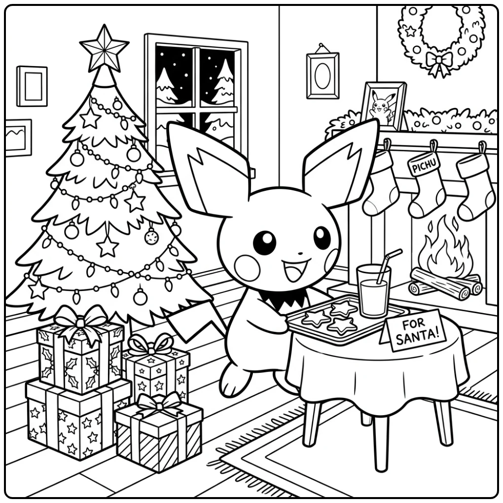 Cute Pichu with a Decorated Christmas Tree coloring page