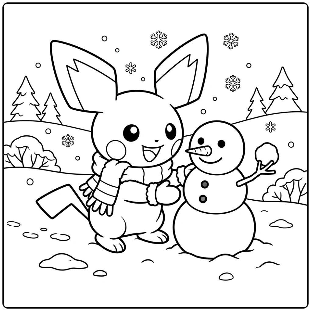 Cute Pichu Christmas Snowman Building coloring page