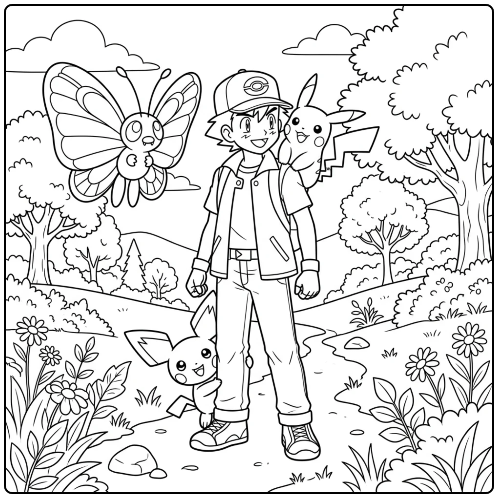 Cute Pichu with Ash Pikachu and Butterfree coloring page