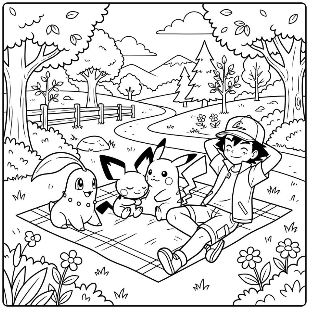 Cute Pichu with Ash Pikachu and Chikorita coloring page