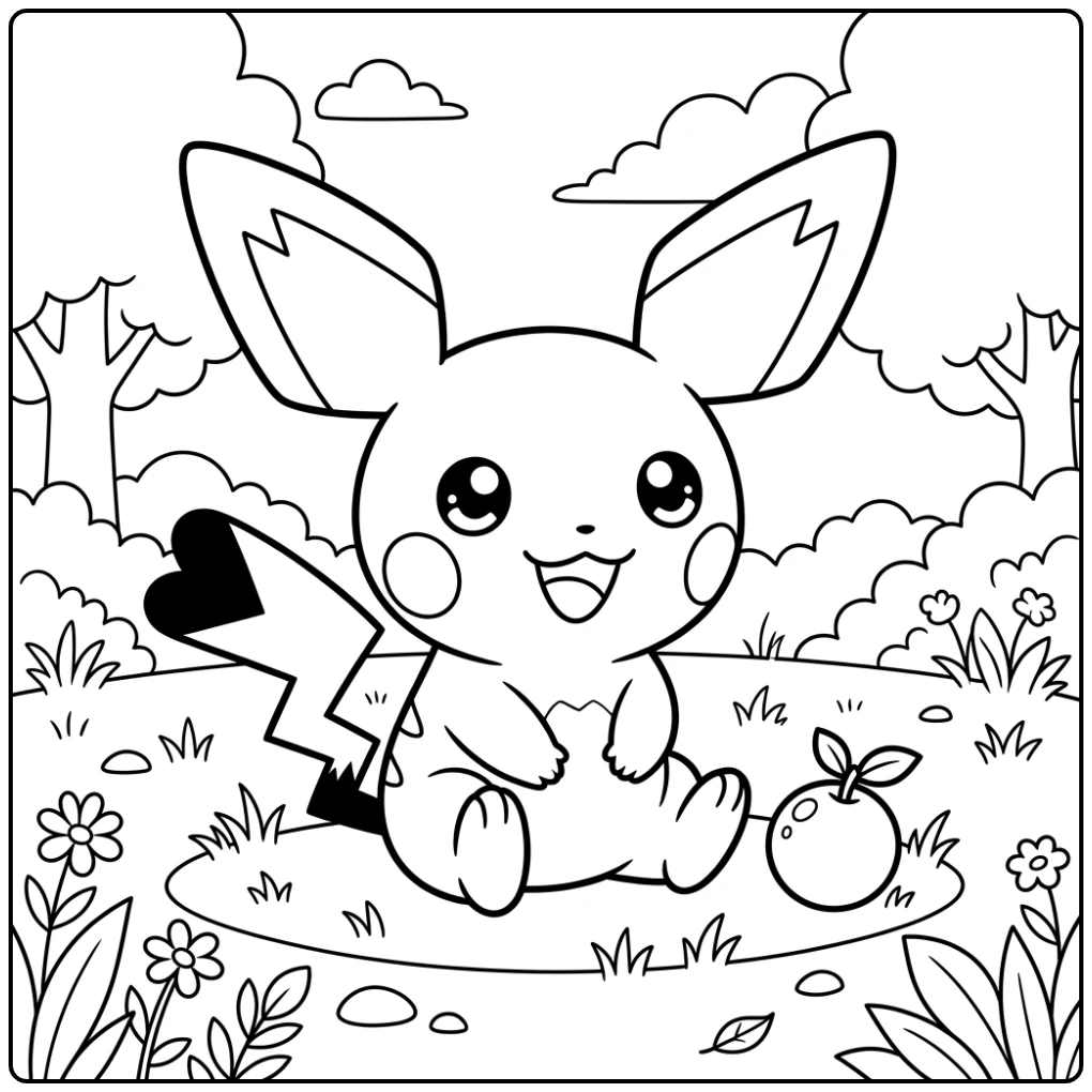 Cute Pichu with a Berry coloring page