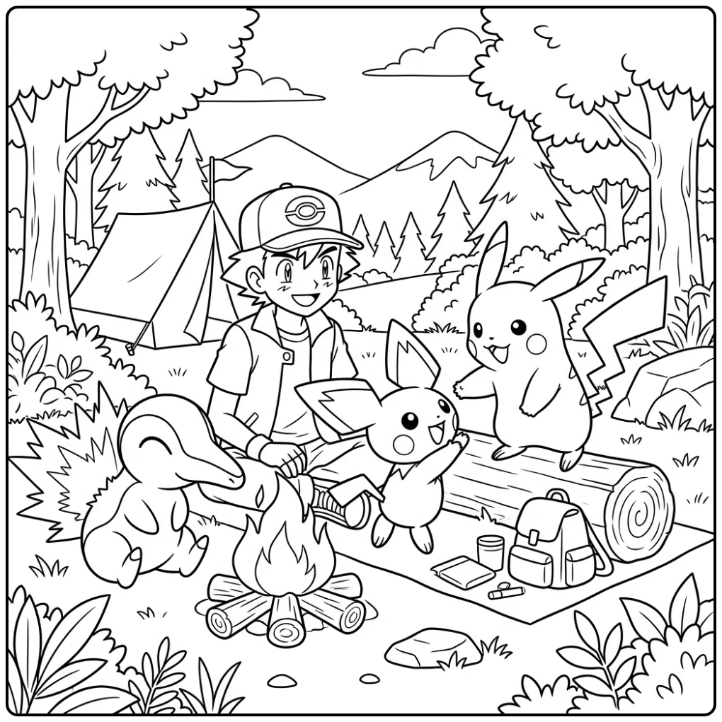 Cute Pichu Camping with Pikachu coloring page