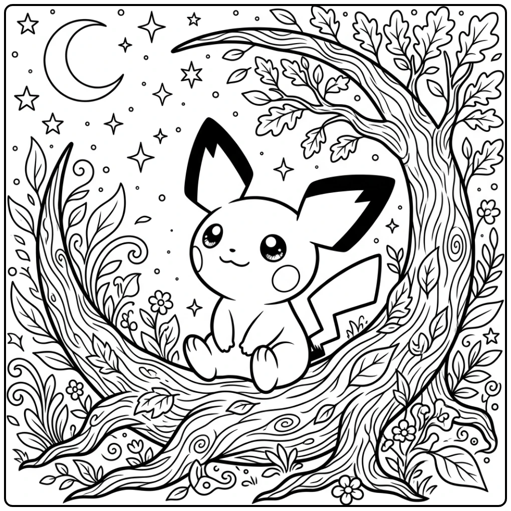 Cute Pichu on a Tree Root for Children coloring page