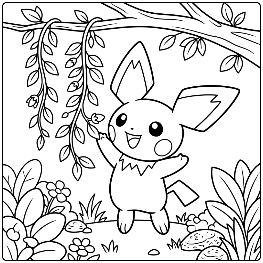 Cute Pichu Reaching Toward a Hanging Vine coloring page