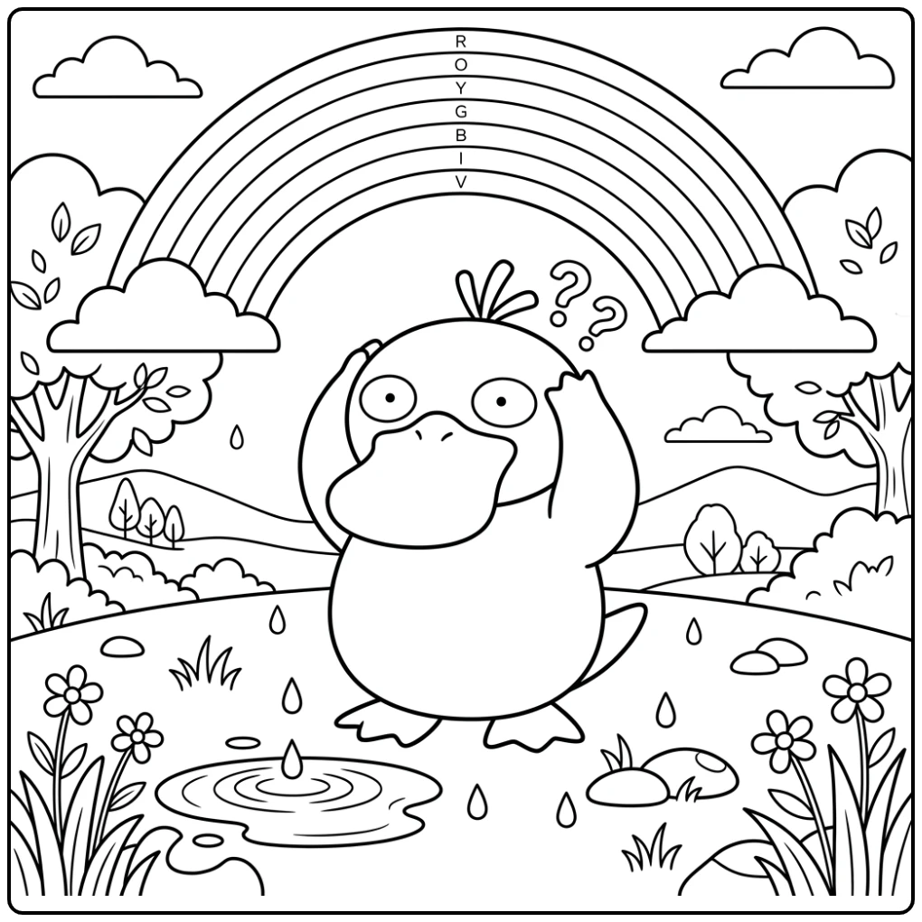 Cute Pokemon Psyduck in the Rainbow coloring page