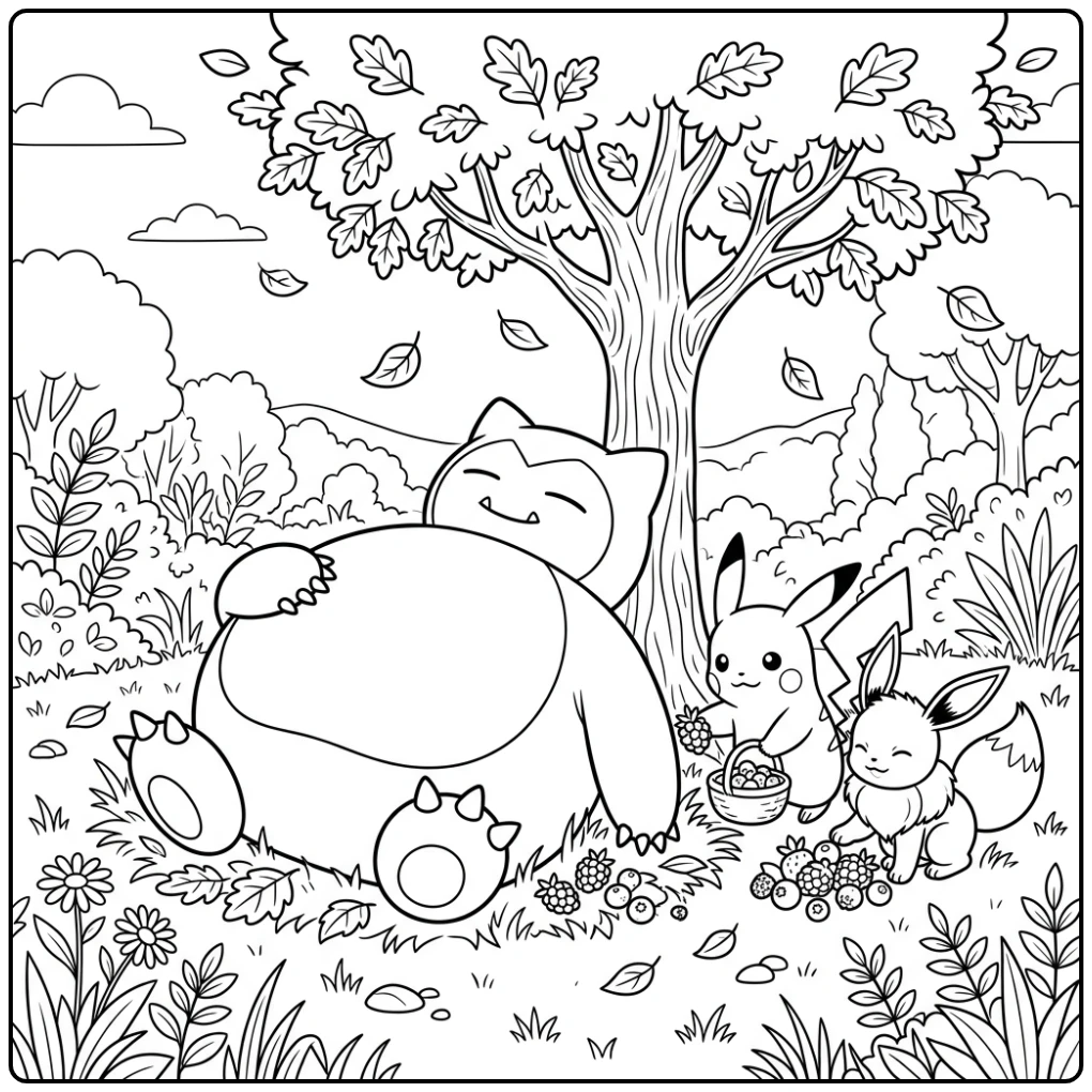 Pokemon Cute Snorlax Pikachu and Eevee coloring page