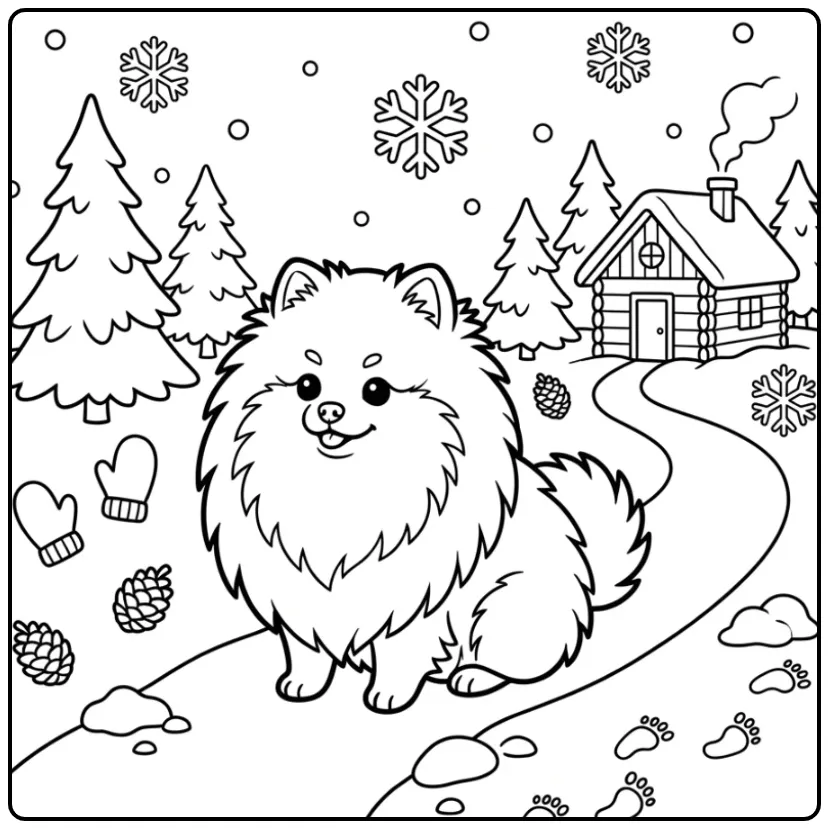 Cute Pomeranian in a Winter Landscape coloring page