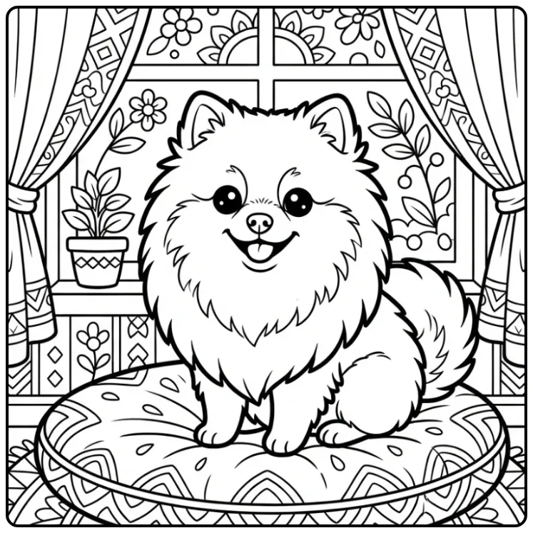 Cute Pomeranian on a Soft Pillow coloring page