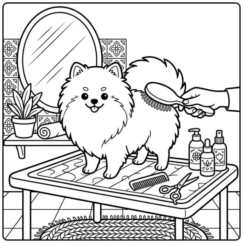 Cute Pomeranian Being Brushed coloring page