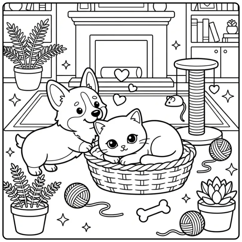 Cute Puppy and Kitten in a Basket coloring page