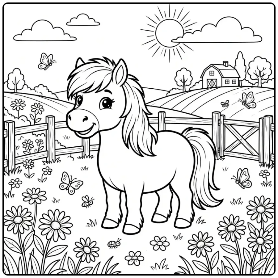 Cute Shetland Pony in the Meadow with Flowers coloring page